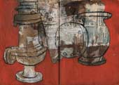 Sketchbook A5-05, 13. Mixed media sketch (objects on red).