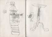 Sketchbook A5-05, 24. Line drawings with words (bottle of water, glass and table).