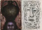 Sketchbook A5-05, 29. Mixed media sketch {woman with a jug in her head) and pencil drawing (linear man).