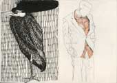 Sketchbook A5-06, 17. Ink, pencil and pitt pen drawings (posers: bird and man in suit)