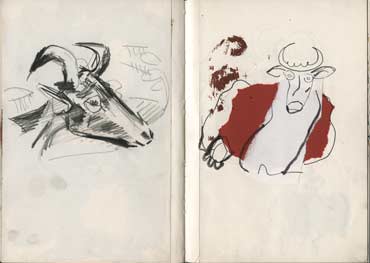 Sketchbook A5-02, 06c. Left: pencil drawing (goat). Right: collage drawing (cow).