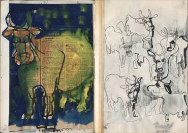 Sketchbook A5-02, 19. Acrylic sketch and pencil drawings (cows).