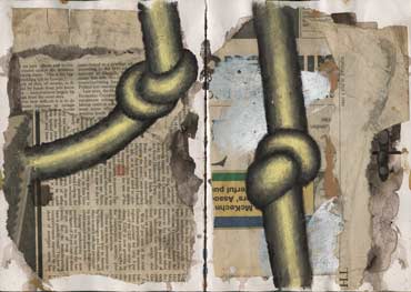 Sketchbook A5-05, 04. Composition with knots, acrylic on newspaper collaged onto pages.