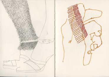 Sketchbook A5-06, 20. Left: pencil drawing (hairy leggings). Right: pitt pen (hand with trim).